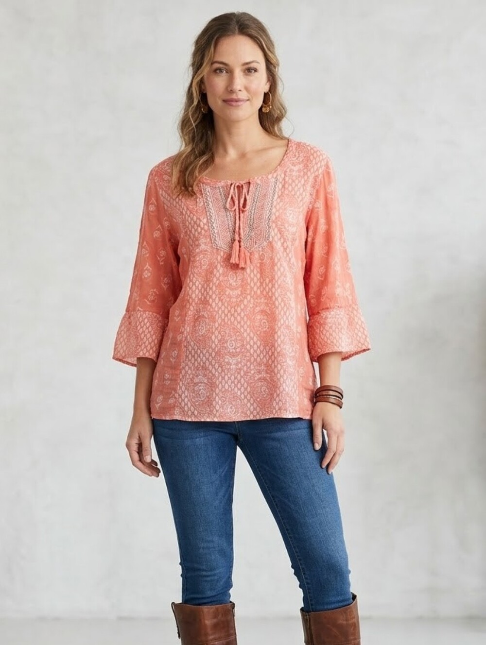 Passport Boho Peasant Tunic Top M Coral Orange Floral Paisley Gauze Tassel
